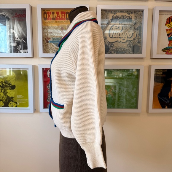 Vintage 70s Handmade Cream Knit Cardigan With Stripe Trim - Picture 3 of 8